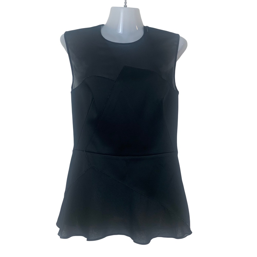 3.1 Phillip Lim Black Sheer Silk Mixed Media Peplum Top Size 2 Sleeveless